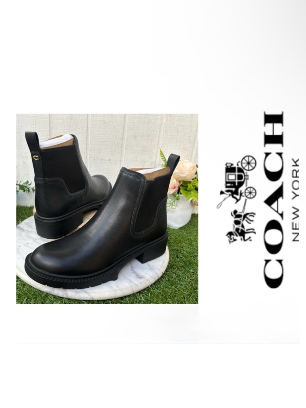 COACH womenLeonora  black Leather Chelsea Booties🔴size 8.5 NEW/with box